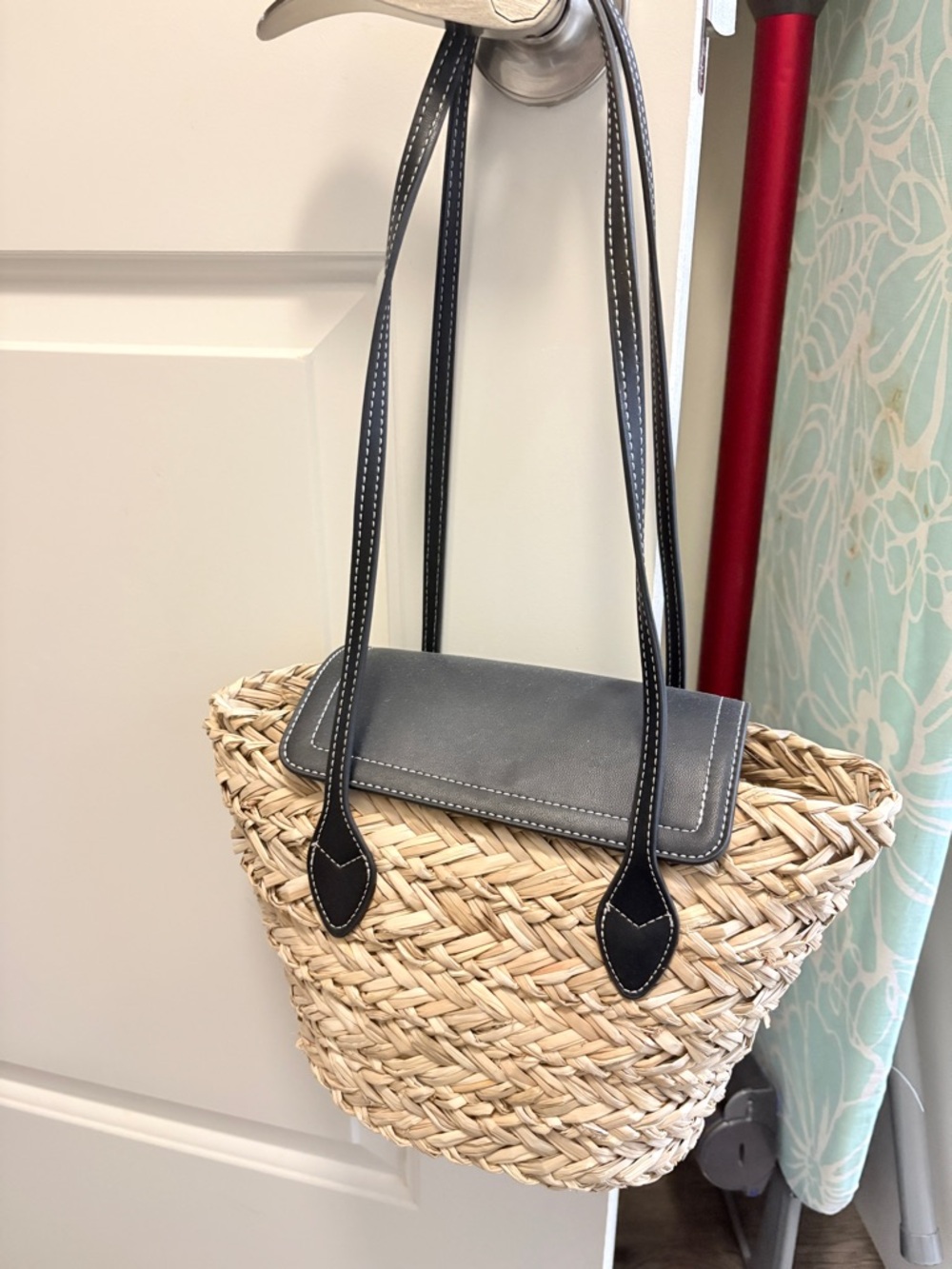Woven Straw Tote with Black Leather Trim - Picture 3 of 5